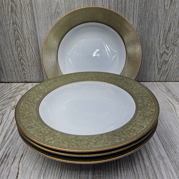 Set Of 4 Sango China Versailles Rim Soup Bowls 8 1/2" Japan #3632 Green Gold - Picture 2 of 7